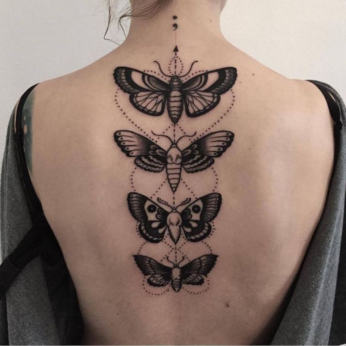 Rücken Tattoo für Frauen, vier Schmetterlinge, beeindruckende weibliche Tattoo-Motive
