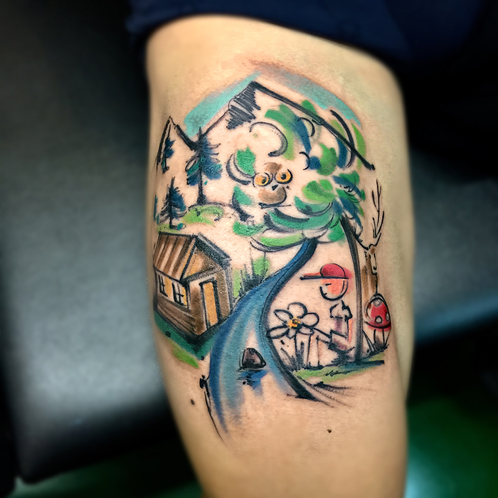 ein Gebirge, ein Häuschen und ein sitzender Junge - Wasserfarben Tattoo Komposition