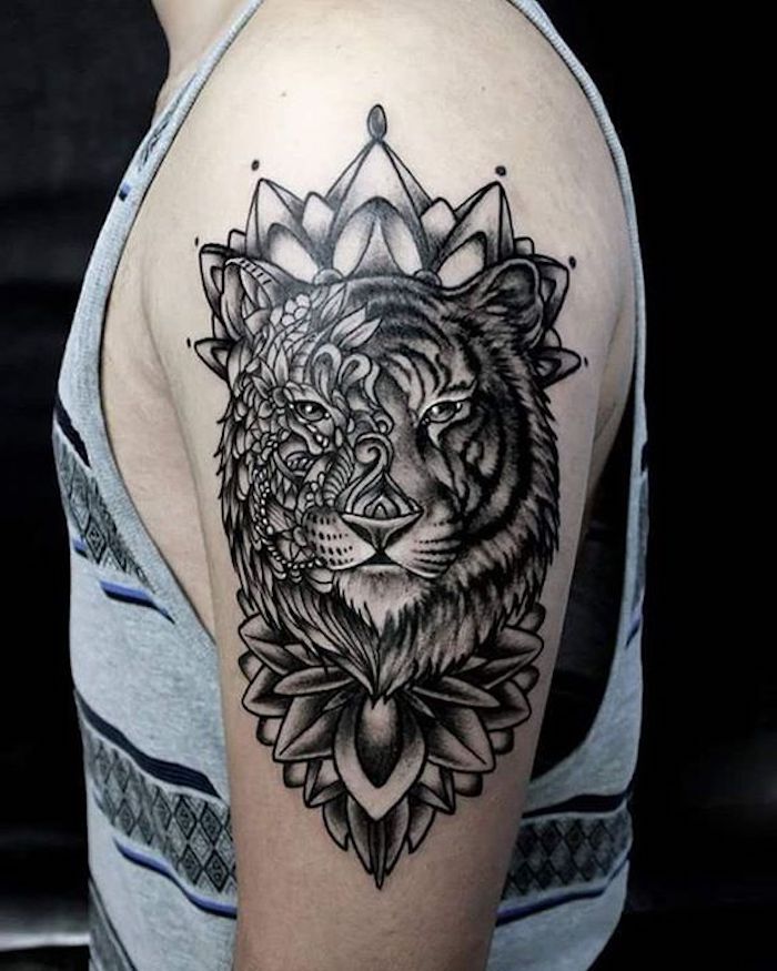 tiger tattoos, krone, tigerkopf, mann, oberarm tätowieren