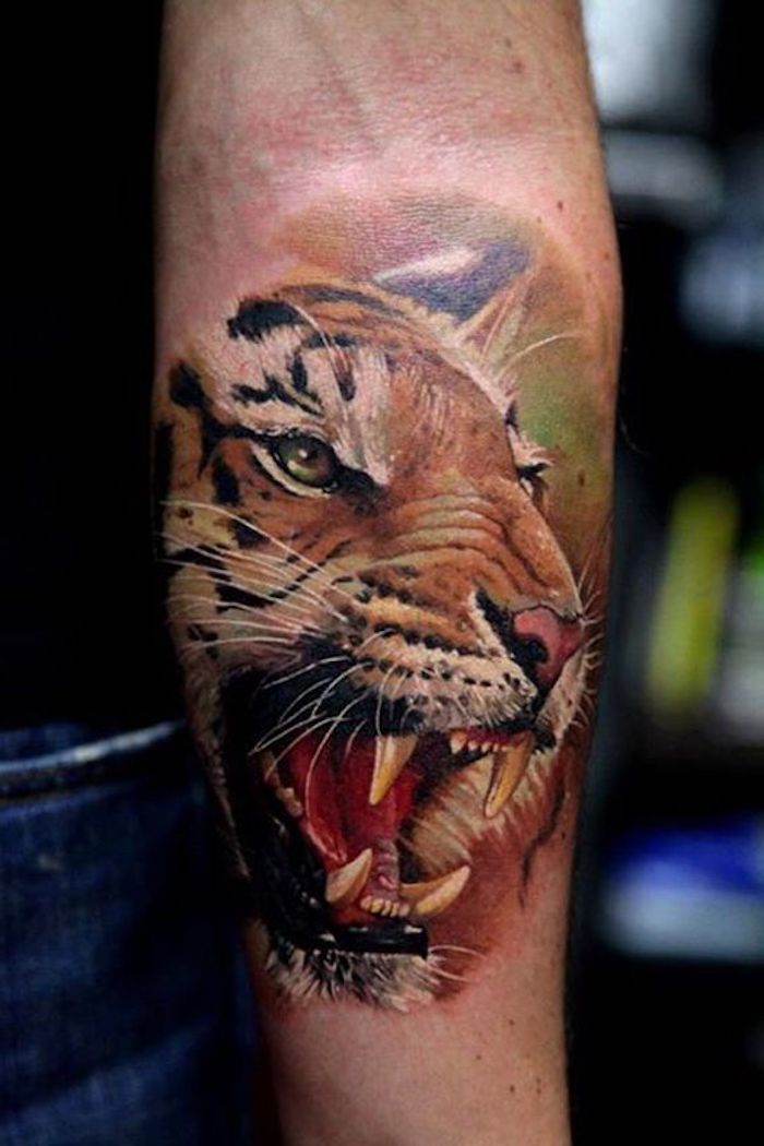 tiger tattoos, buntes armtattoo, tigerkopf, tätowierung