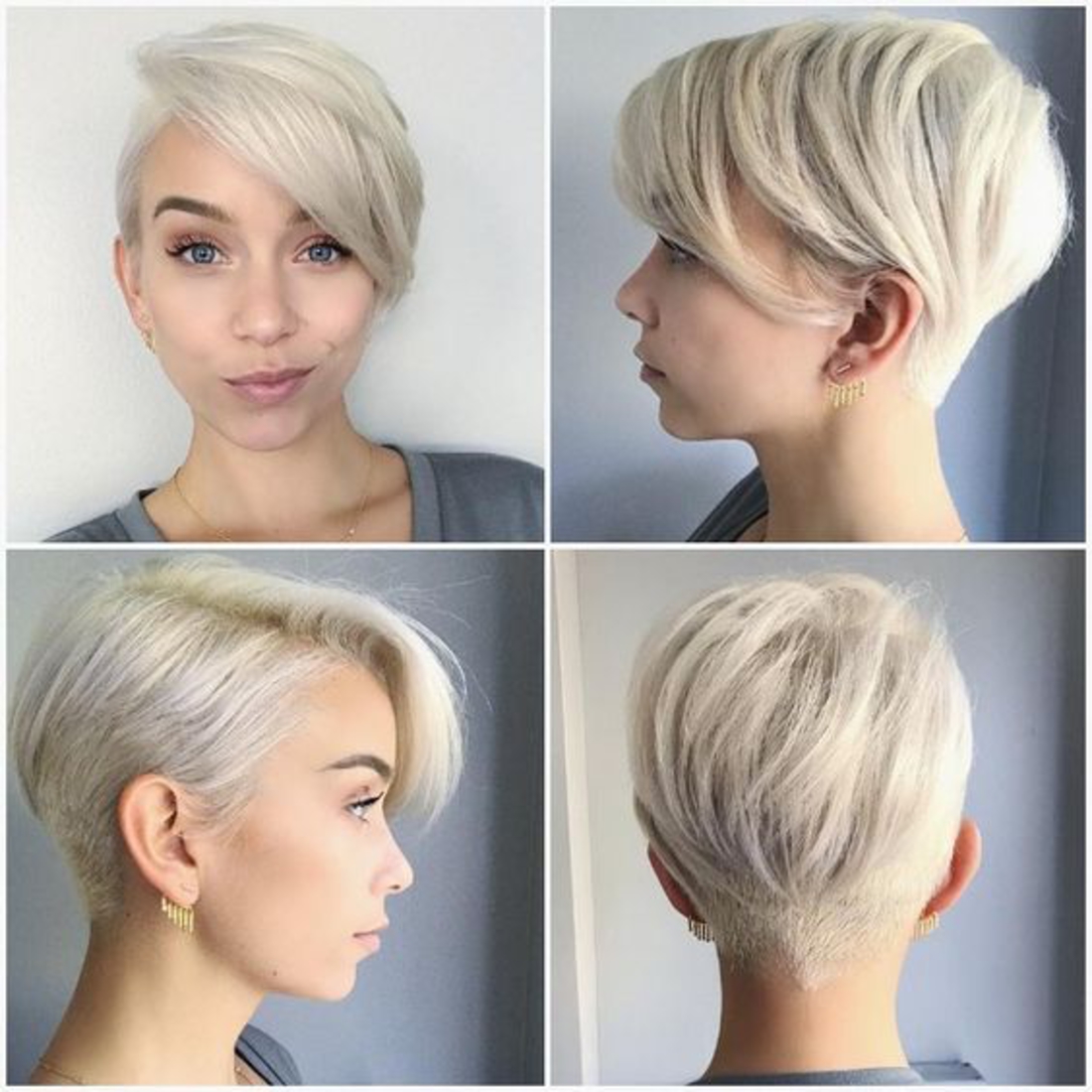 vier Fotos mit blonden Haaren hängende Ohrringe Undercut Frisuren Frauen kurzes Haar