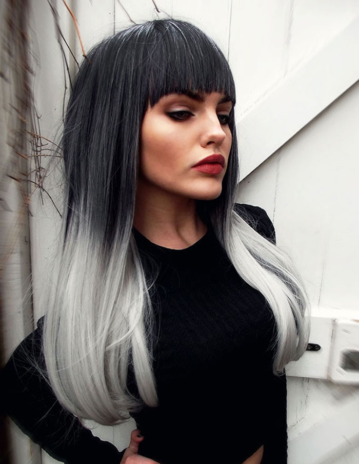 haare grau färben, lange glatte haare in schwarz und grau, ombre effekt
