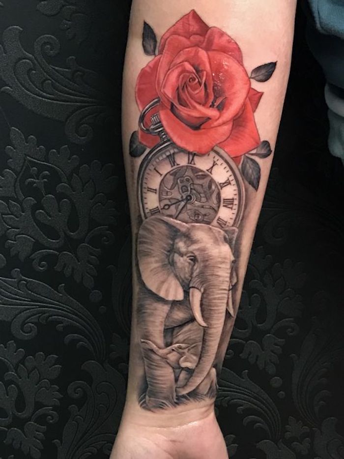 tattoo motive, tätowierung mit rote rose, elephant und kompass