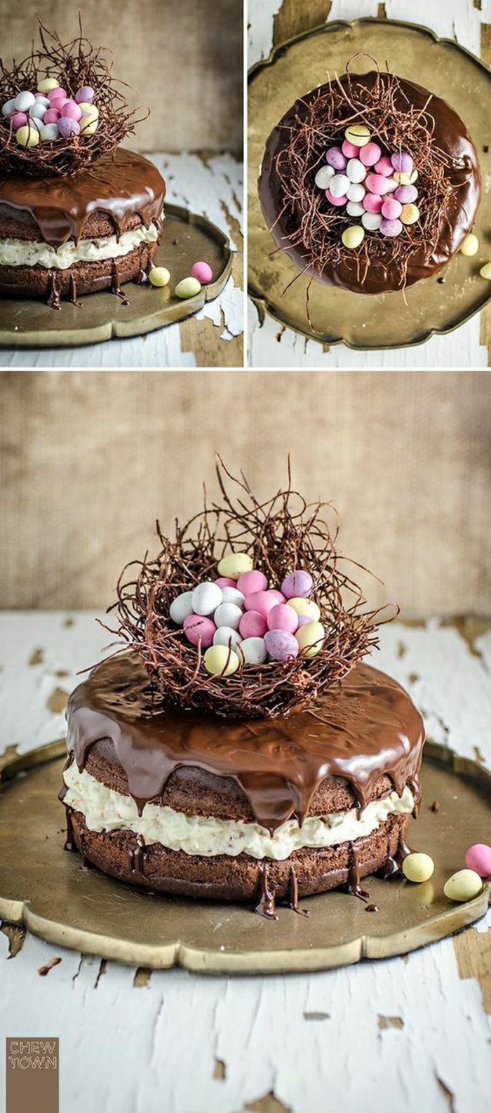 Schoko Torte mit Oster Motiv Osternest mit kleinen bunten Eiern