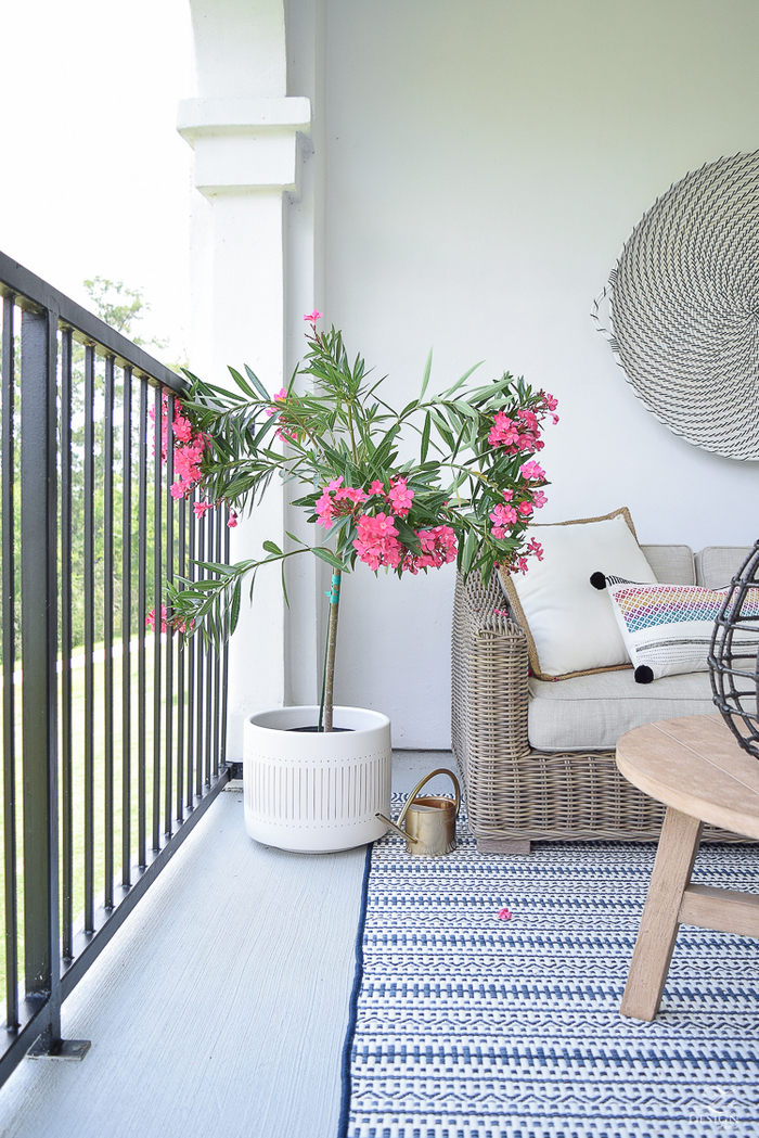 schöne Balkoneinrichtung, Rattansofa und Holztisch, rosa Oleander in weißem Blumentopf