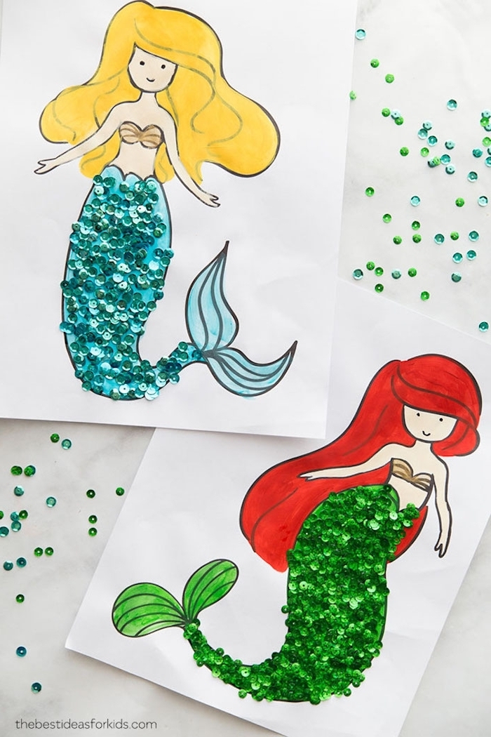 Ideen für Basteln mit Kleinkindern, Meerjungfrauen Bilder ausmalen, Pailletten aufkleben 
