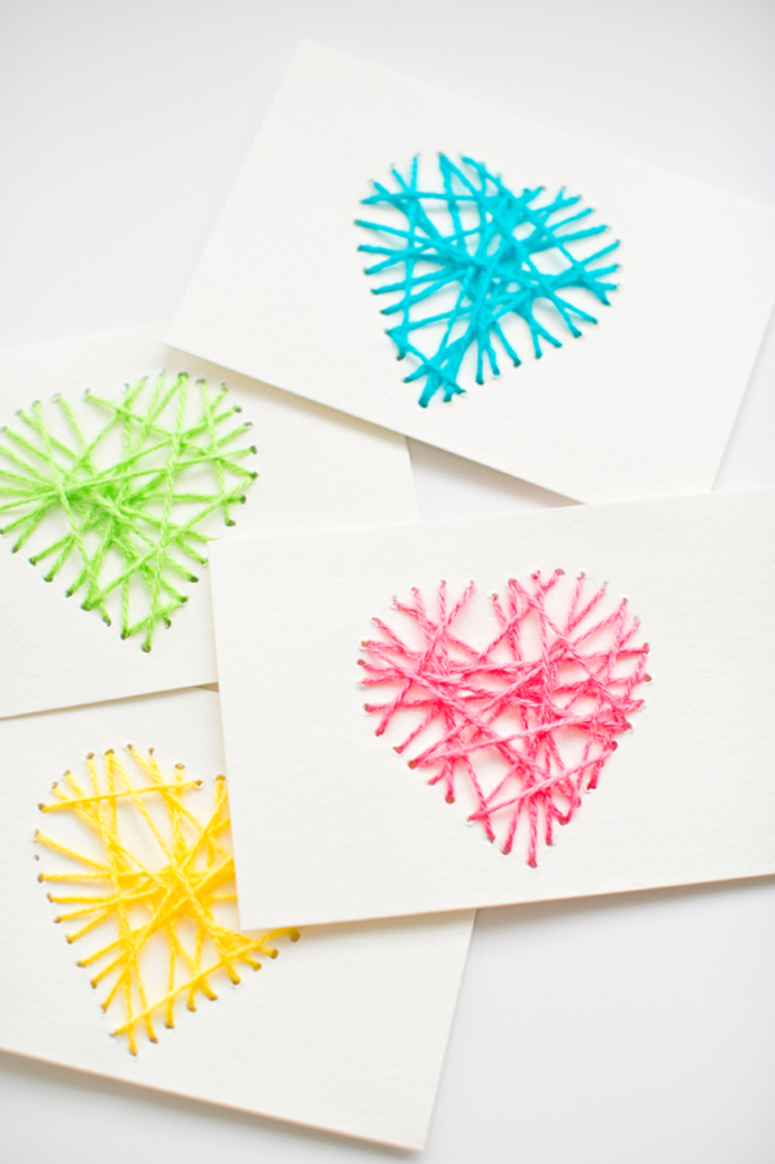 Postkarten selber basteln, Materialien: Papier, Garn, Nadel, kreatives Geschenk selber machen 