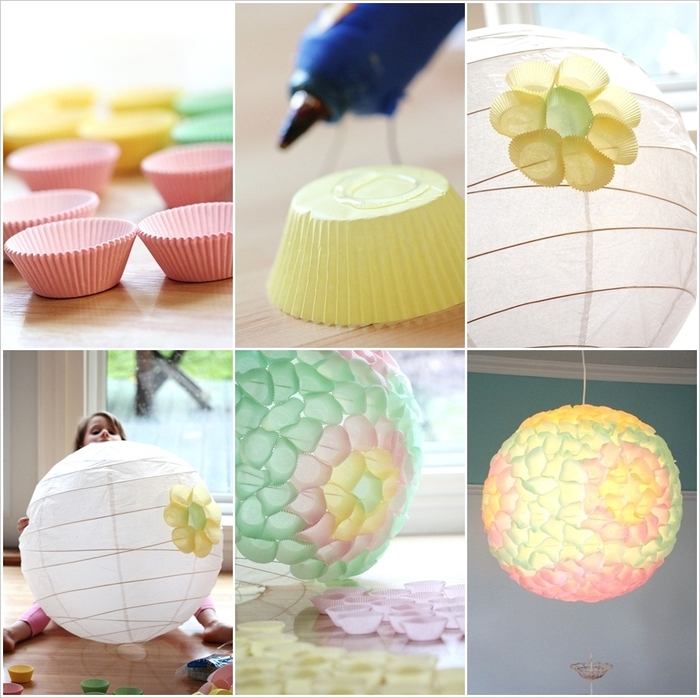 Lampenschirm aus bunten Papierförmchen für Muffins selber basteln, inspirierende DIY Ideen und Anleitungen