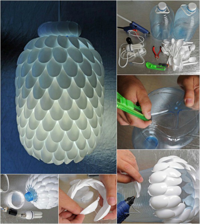 Lampe aus Plastiklöffeln und Plastikflasche selber machen, kreative DIY Ideen zum Nachmachen