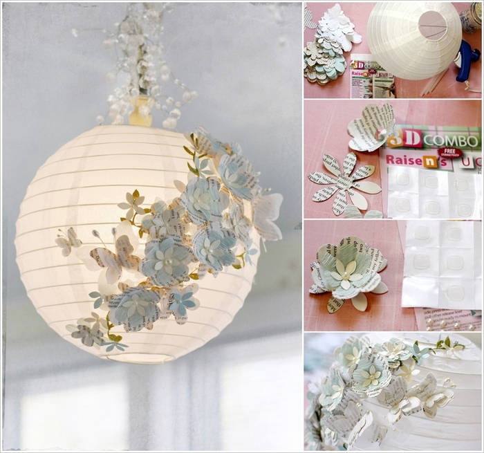 Lampenschirm mit Papierblumen und -Schmetterlingen dekorieren, zart und wunderschön