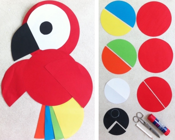 DIY Projekte für Kinder zum Nachmachen, Papagei aus Papier basteln, Materialien: Papier, Schere, Klebstoff, Bleistift