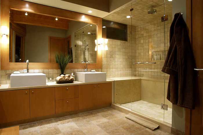 feng shui, badezimmer in hellbraun, eckiger spiegel, duschkabine, pflanze