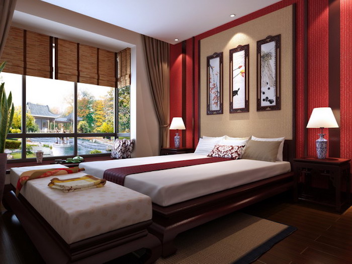 feng shui, schlafzimmer in rot, weiß und braun, bett, bilder, wanddeko