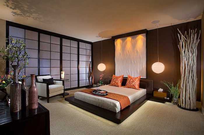 feng shui wohnen, bett, japanisches intereur, schlafzimmer in braun