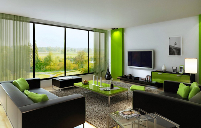 feng shui farben, wohnzimmer, dunkelbraunes sofa mit grünen dekokissen