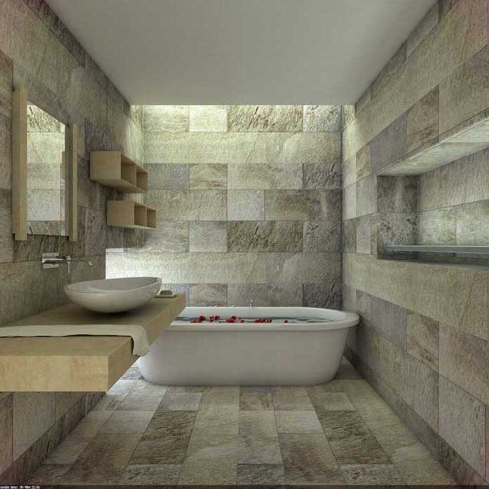 bunte Fliesen im Badezimmer Design Fußboden weiße Badewanne und moderner Waschbecken