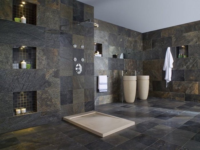 Designer Fußboden in grauer Farbe - Naturstein Optik im Badezimmer