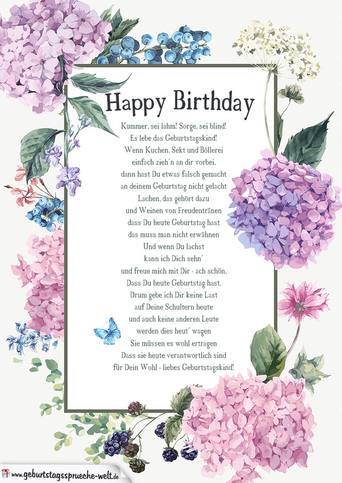 wunderschöne Geburtstagskarte mit Blumen und Schmetterlingen, ein Gedicht zum Geburtstag