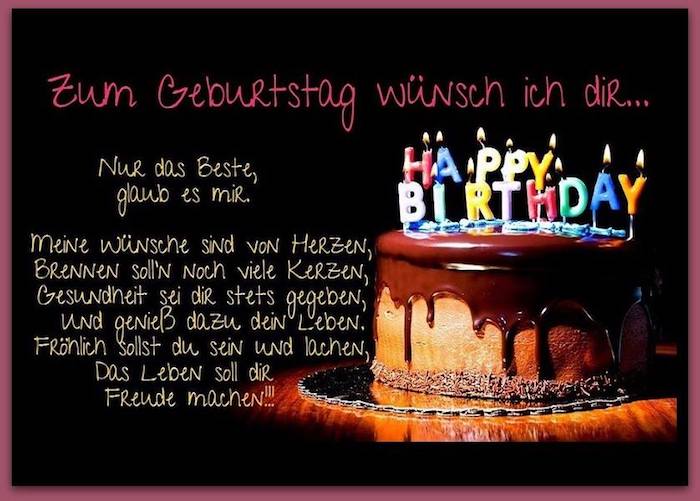 Wunsch zum Wiegenfest, Torte mit Schokoglasur, Happy-Birthday-Kerzen