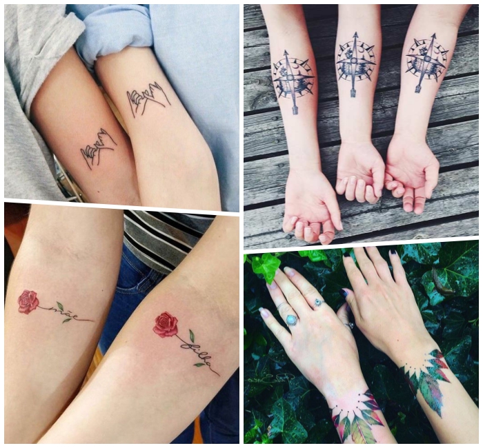 geschwister tattoo motive, kleine rote rosen, zwei hände, kompass tattoos in schwarz und grau, blätter