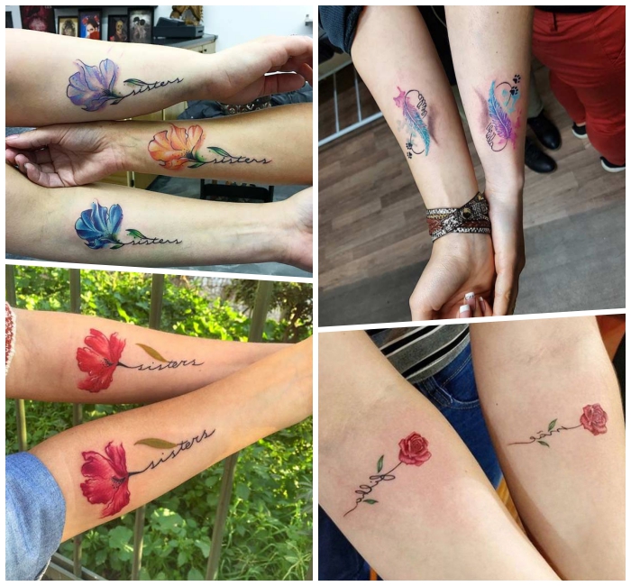 geschwister tattoo motive, unendlichkeitszeichen in kombination mit feder, rote blumen, kleine rosen