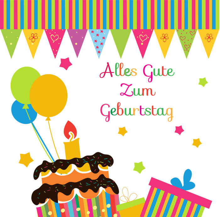 Geburtstagskarte in grellen Farben, Torte, Geschenke und Ballons, alles Gute zum Geburtstag
