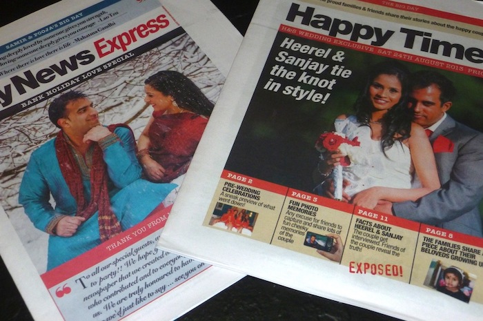 zwei Hochzeitszeitungen vor und nach der Hochzeit herausgegeben mit Fotos