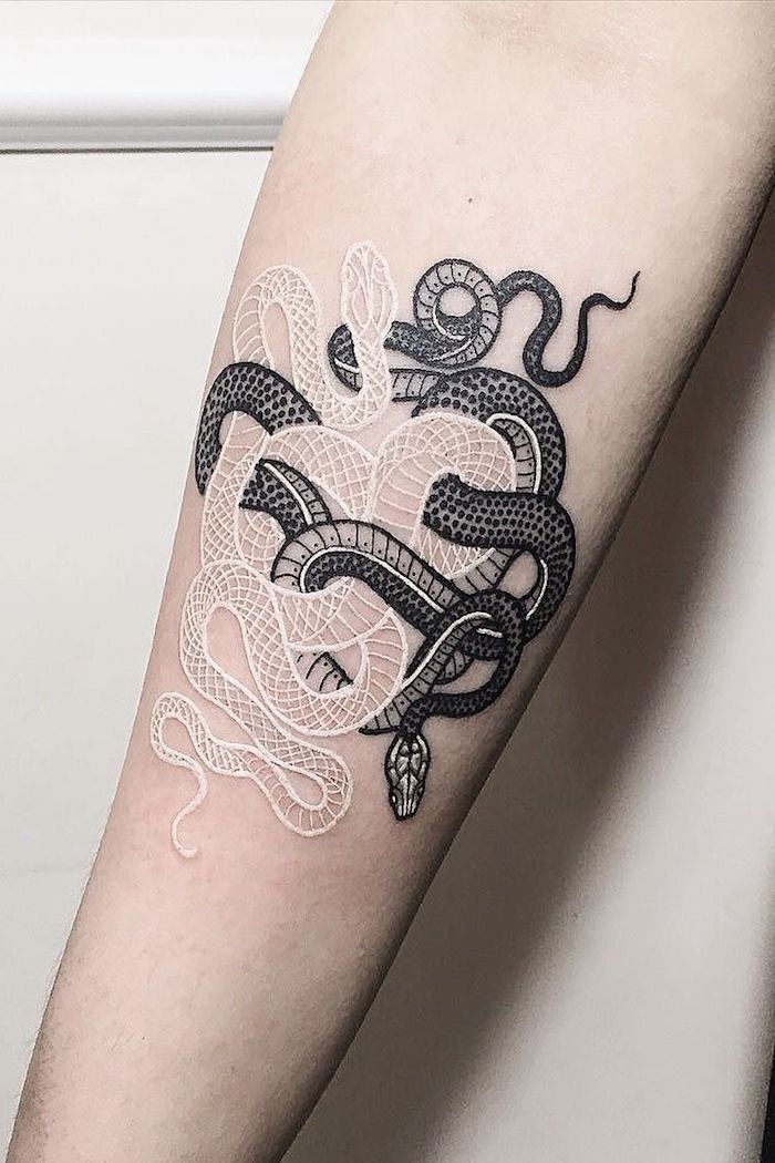 beliebteste tattoos, zwei schlangen in weiß und schwarz