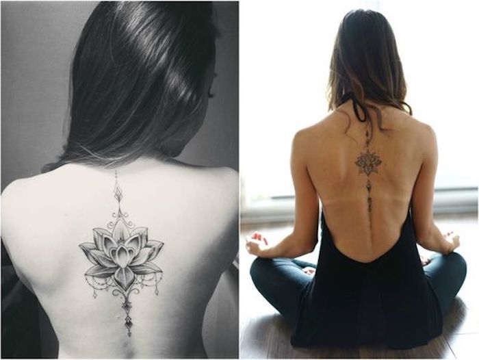 Frau mit langen dunklen Haaren mit einem Lillien-Tattoo am Rücken