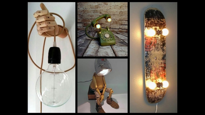 Lampen aus alten Gegenständen (Skateboard, Telefon und Puppe) selber machen, DIY Ideen für Erwachsene