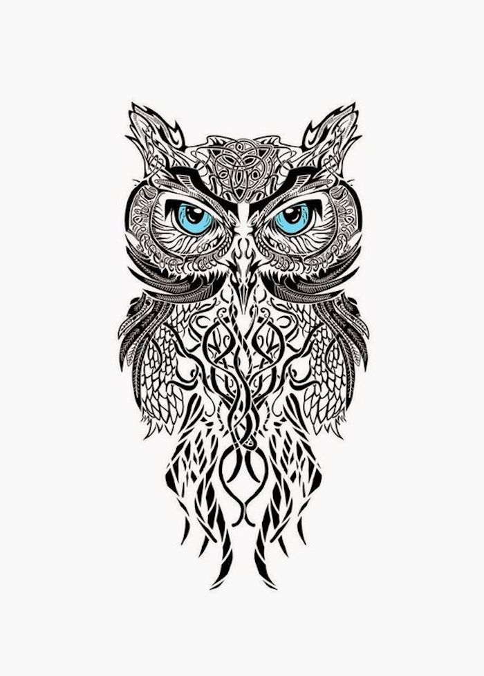 ein uhu mit blauen augen - idee für einen schwarzen großen owl tattoo