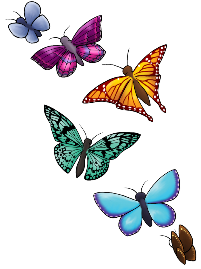 hier finden sie verschiedene sechs fliegende schmetterlinhe - ein blauer, ein gelber, ein grüner und ein lila ufliegender schmetterling - verschiedene ideen zum thema 3d tattoo schmetterling