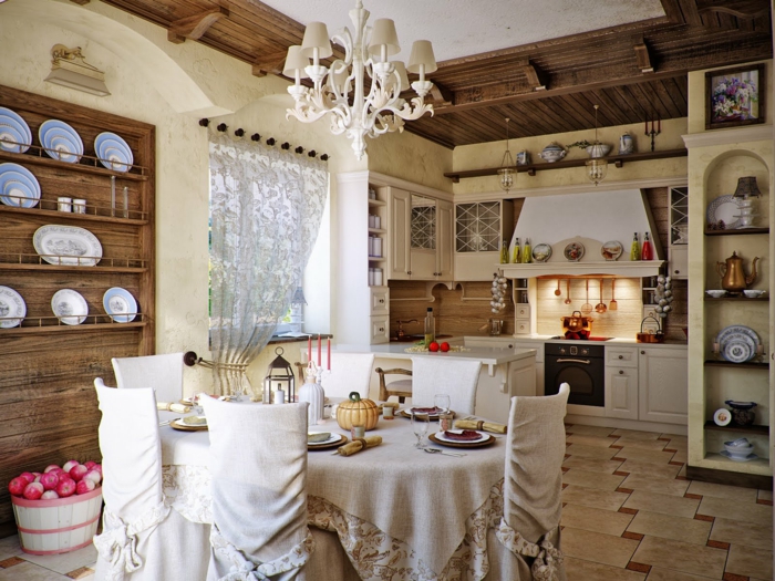 Landhaus retro küche und sitzecke mit tellerboard antike gestaltung