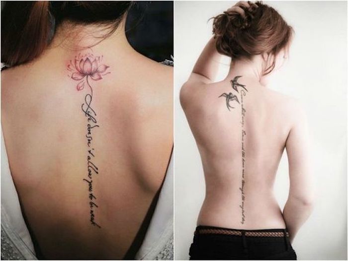 Tattoo-Sprüche auf dem Rücken, rosa Lotusblume, schwarze Vögel