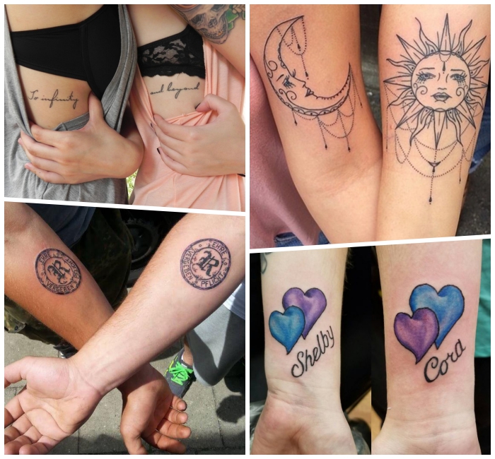 tattoos schriftzuge mit bedeutung, sonne und mond, lila und blaues herz, detailierte symbole