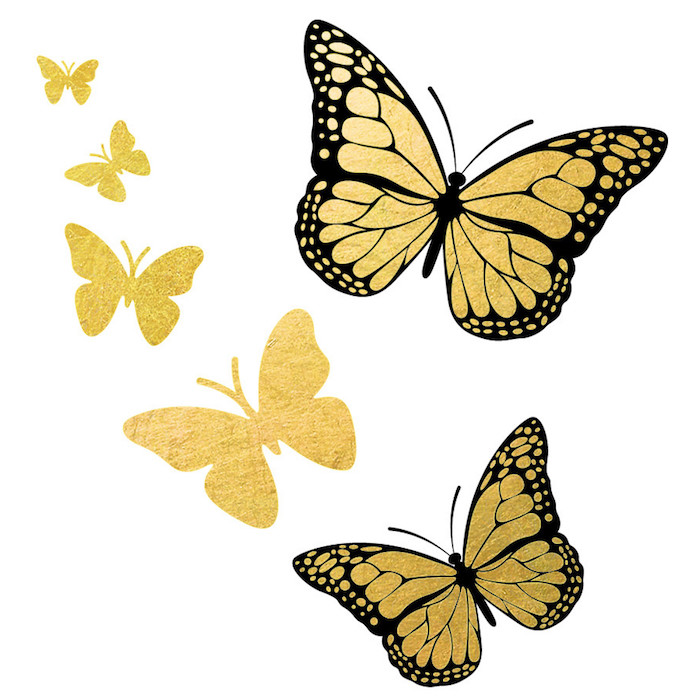ideen für toll aussehende kleine goldene tattoos mit fliegenden schmetterlingen 