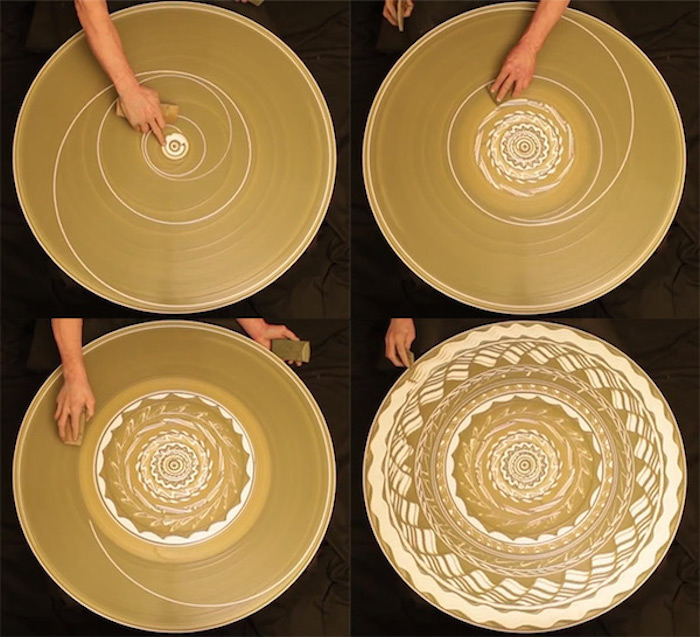 dekoratives Geschirr, großer runder Keramikteller, Keramik mit Schwamm gestalten
