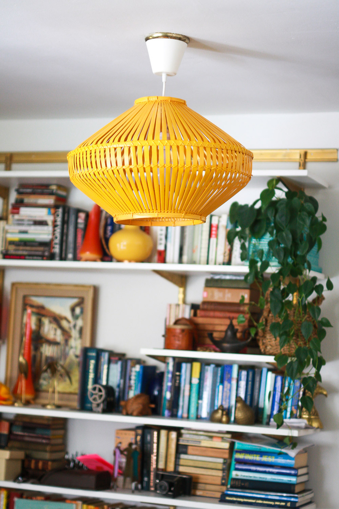 Vintage Lampe, Regale mit vielen Büchern darauf, Zimmerpflanze, Bild, Retro Look
