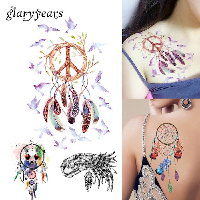 noch eine idee für einen tattoo für frauen mit fliegenden vögeln und einem bunten traumfänger mit bunten federn
