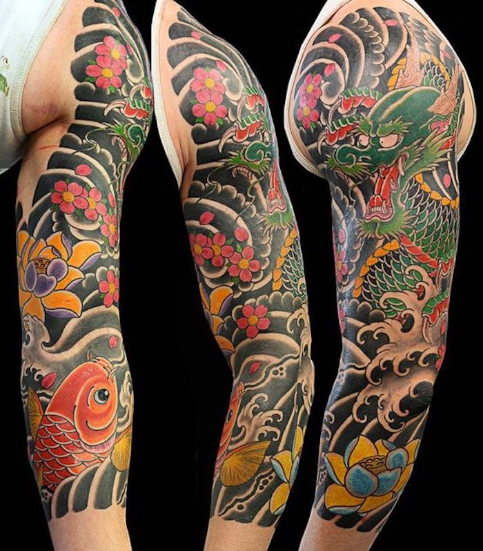 chinesische tattoos für männer, mann mit sleeve tattoo mit drache-motiv