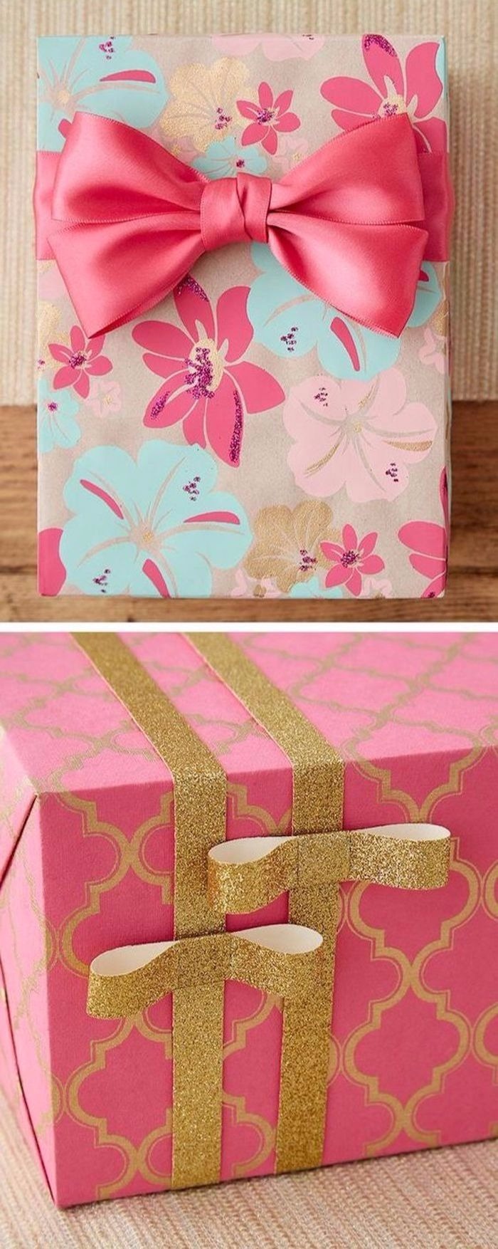Geschenke verpacken Ideen, buntes Geschenkpapier mit Blumen, pinkes Band