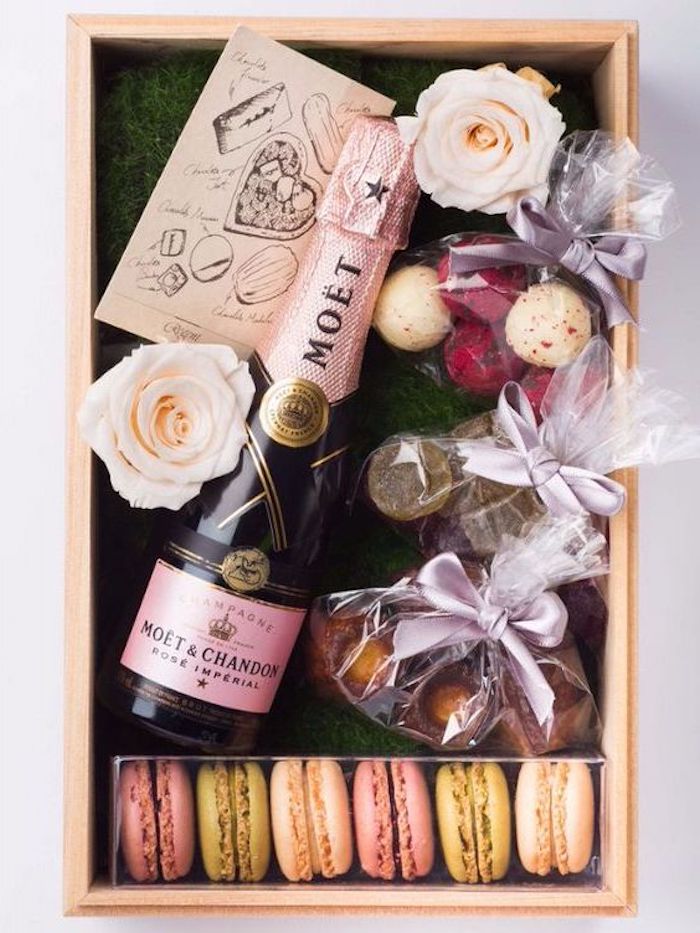 DIY Geschenkbox mit Süßigkeiten, Wein, Blumen und einer Geburtstagskarte