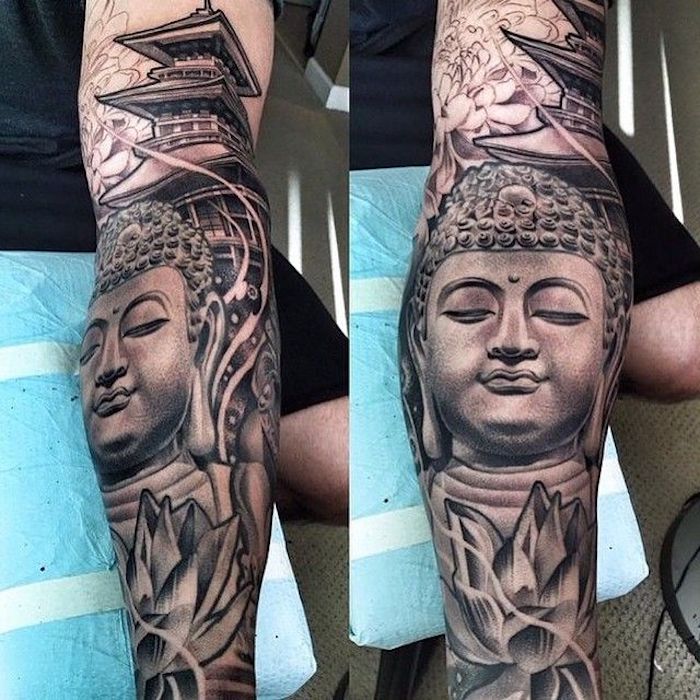 chinesische tattoos für männer, buddha tattoo in kombination mit lotus und chinesischer gebäude