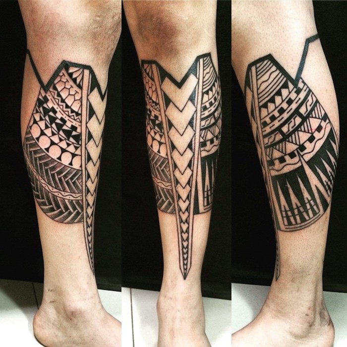 tattoo arten, samoanische tätowierung am bein, tattoos für männer