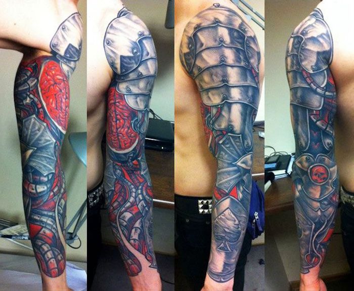 tattoo vorlagen männer, mann mit farbigem sleeve tattoo 