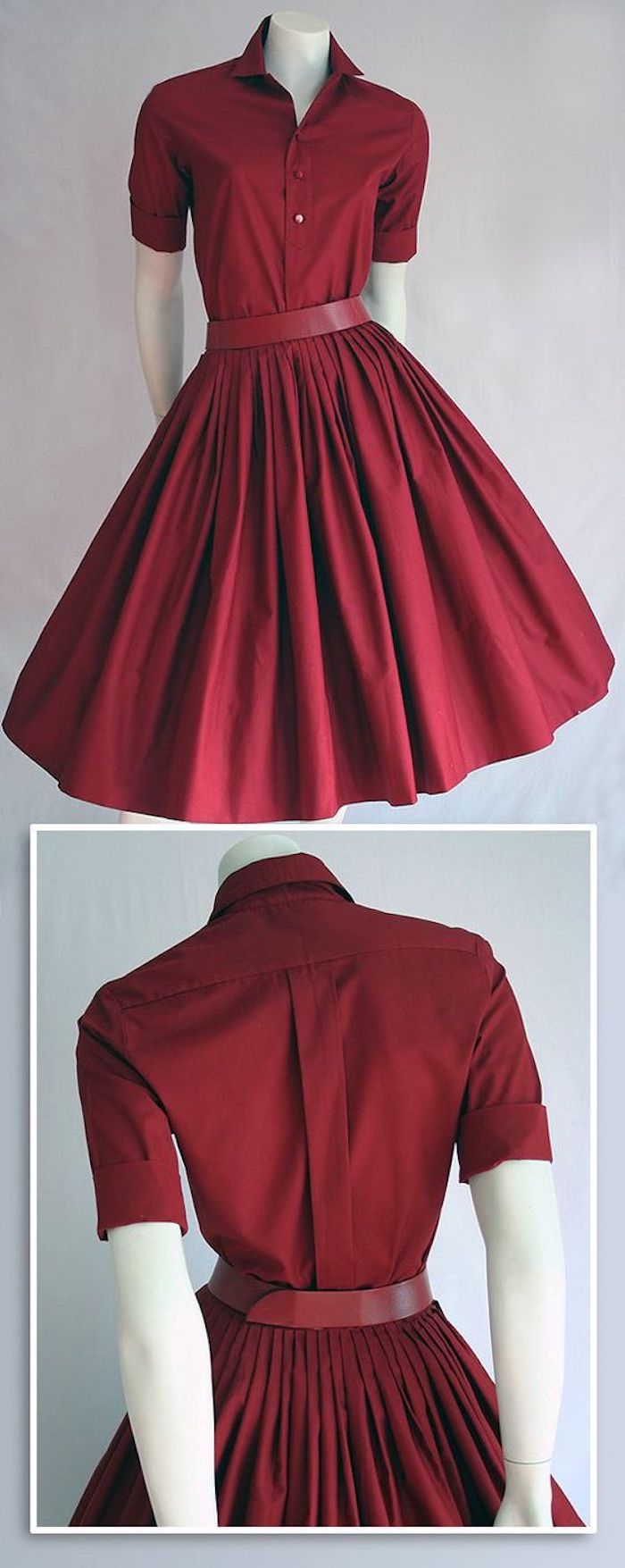 knielanges Kleid in Weinrot mit Plissee und Hemdkragen, roter Kleidergürtel