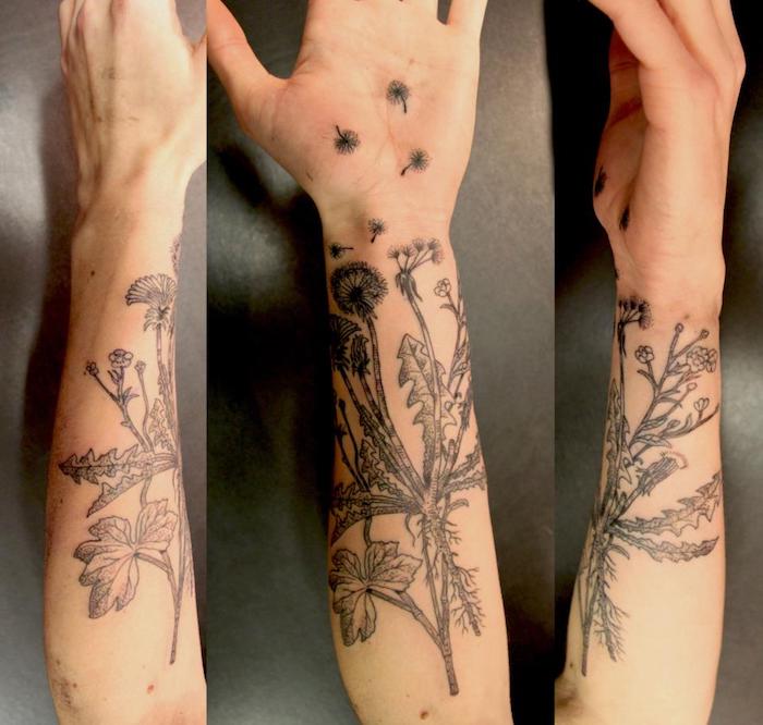 pusteblume tattoo am unterarm, schwarz-graue tätowierung mit blumen-motiv