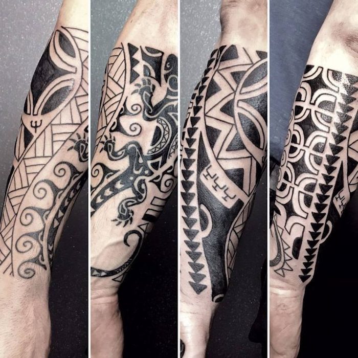tattoo bedeutung, samoanische tätowierung in schwarz und grau am arm