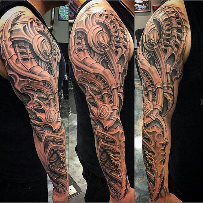 tattoo vorlagen männer, mann mit sleeve tattoo mit machninenteilen, biomechanik tattoo motive