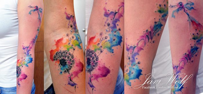 tattoos mit bedeutung, wasserfarben tattoo am arm, farbige tätowierung